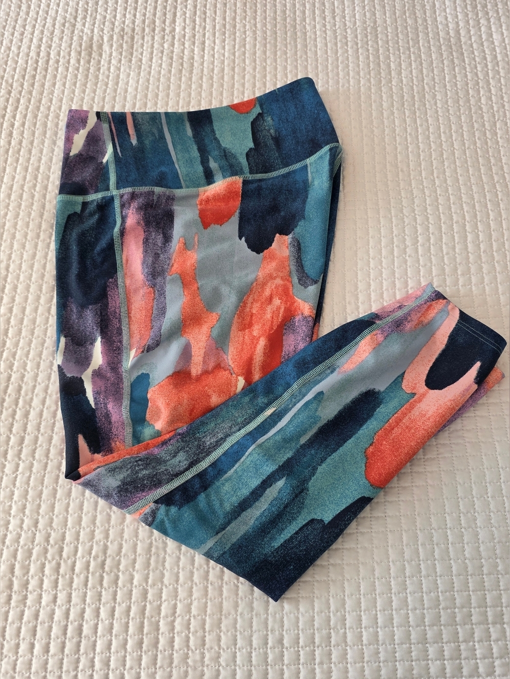 L.L. Bean Watercolor Abstract High-Waist Leggings in Teal & Coral